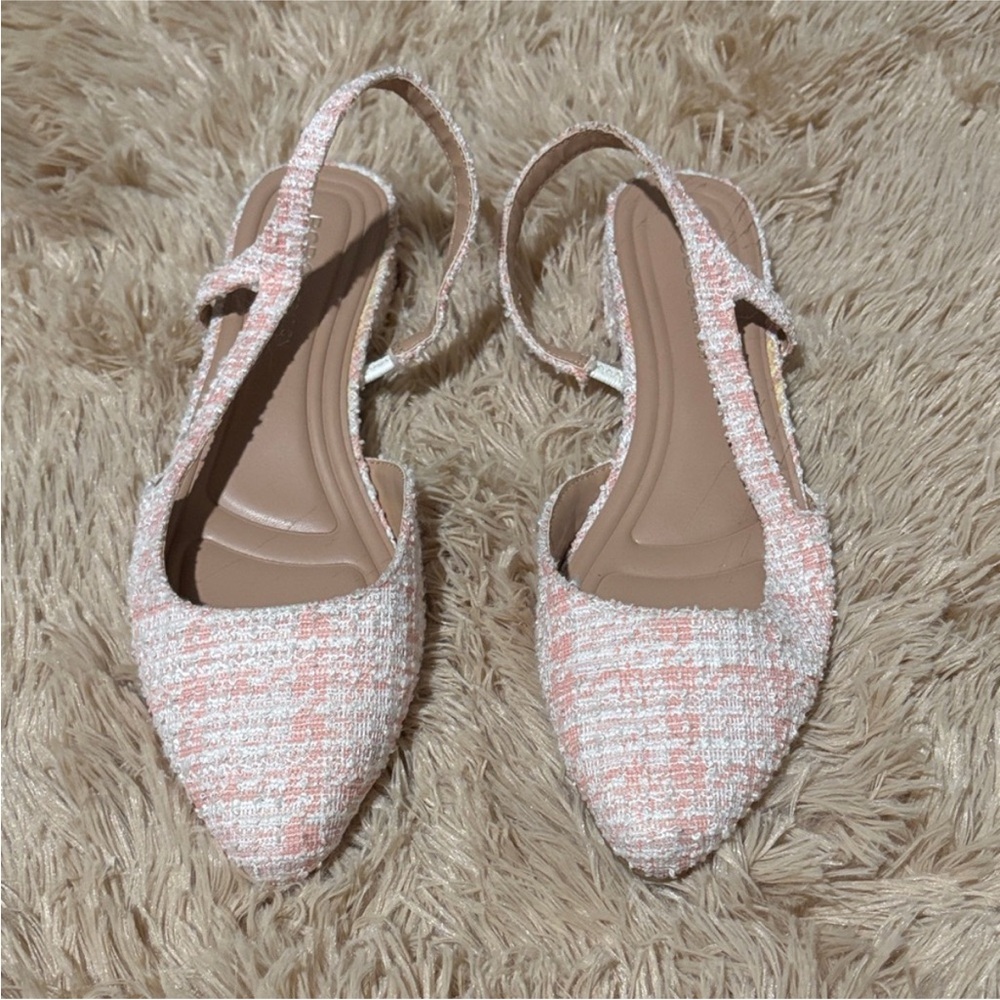 BCBGeneration Pink and White Tweed Pointed Slingback Flats